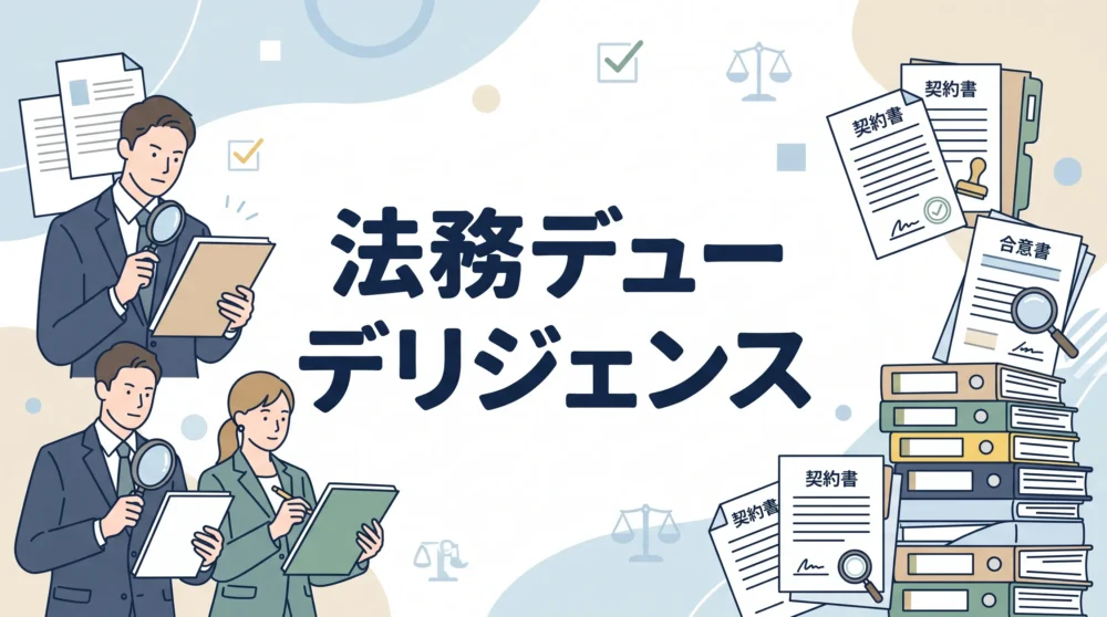 法務デューデリジェンスの概要や主な調査内容、書類確認のポイントをわかりやすく解説するイラスト画像。