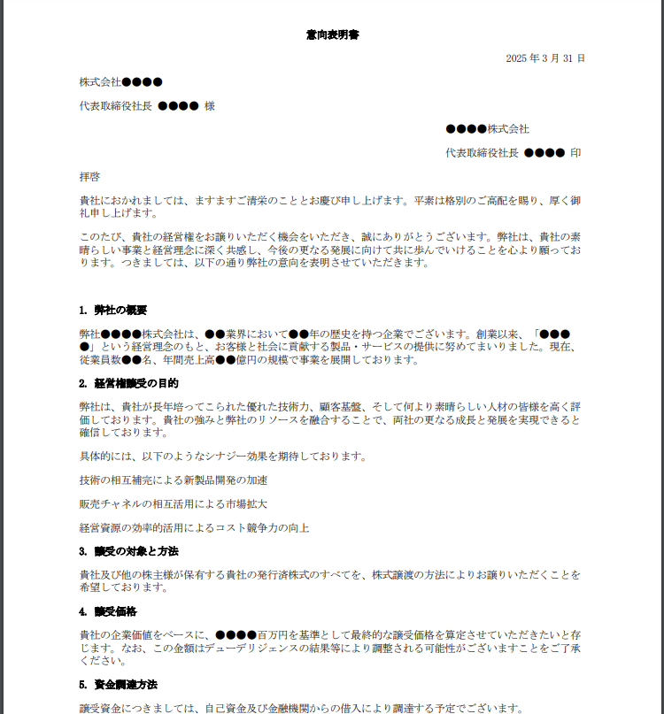 M&AにおけるLOI(意向表明書)のサンプル・ひな形。譲受価格や買収目的、スケジュールの記載例