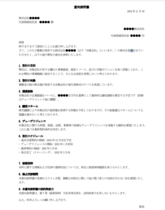 簡素なフォーマットのM&A意向表明書（LOI）のサンプル画像