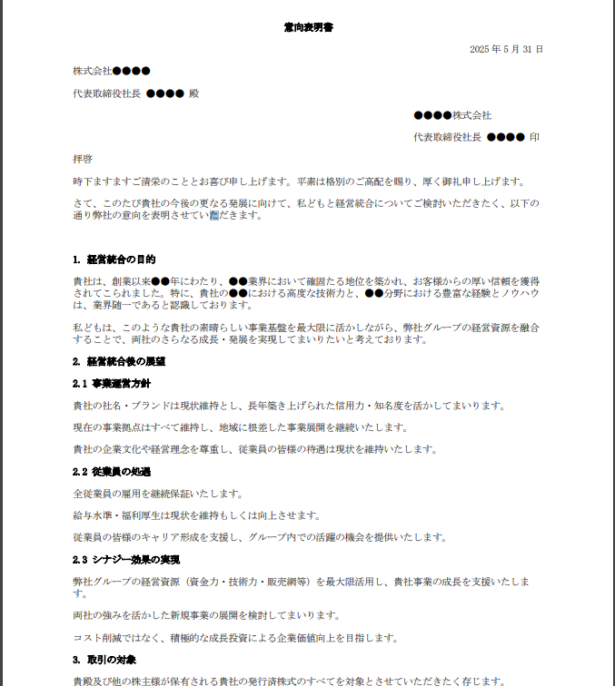 M&Aの意向表明書（LOI）の記載例・サンプルフォーマット
