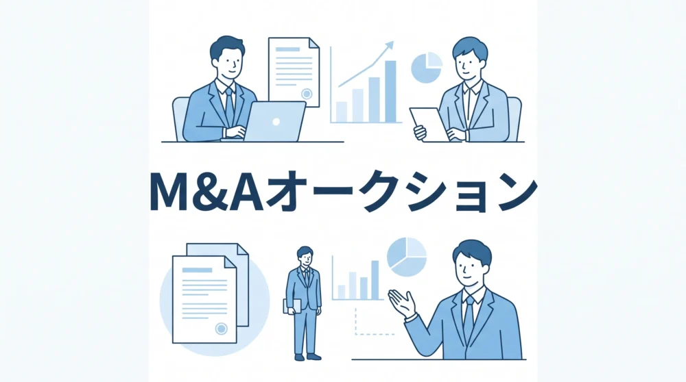 M&Aオークションをテーマにした、ビジネスマンやグラフをシンプルに配置したフラットデザインのイラスト。中央に「オークション」の文字。