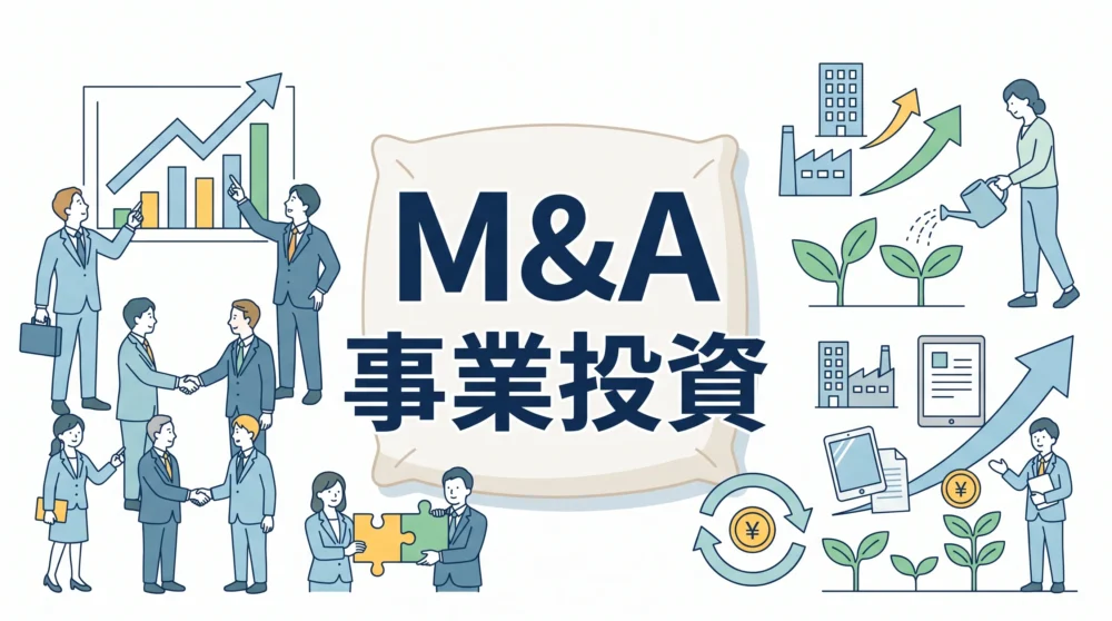 M&Aによる事業投資をテーマに、握手するビジネスパーソンと成長グラフを描いたイラスト画像です。