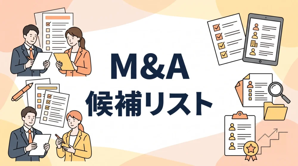 M&Aの候補企業リストを囲んで打ち合わせをするビジネスパーソンのイラスト画像です。