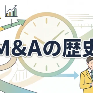 時計と成長矢印を背景に日本のM&Aの歴史と事業承継の変遷を学ぶビジネスイラスト