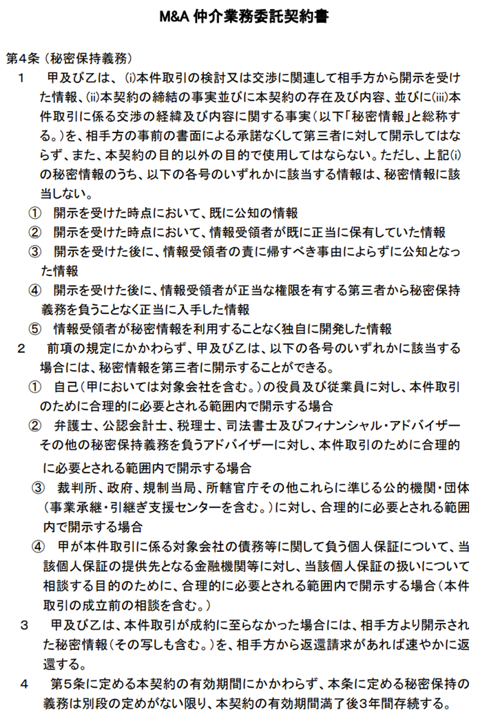 中小M&Aガイドラインのサンプルを参考にした、M&A仲介業務委託契約書における秘密保持義務(第4条)のひな形イメージ