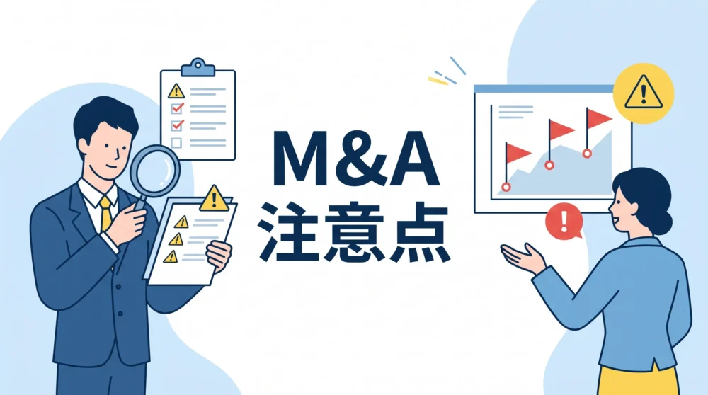 中小企業オーナー向け、M&A成功のための重要注意点を解説。リスク回避のポイントを描いたイラスト。
