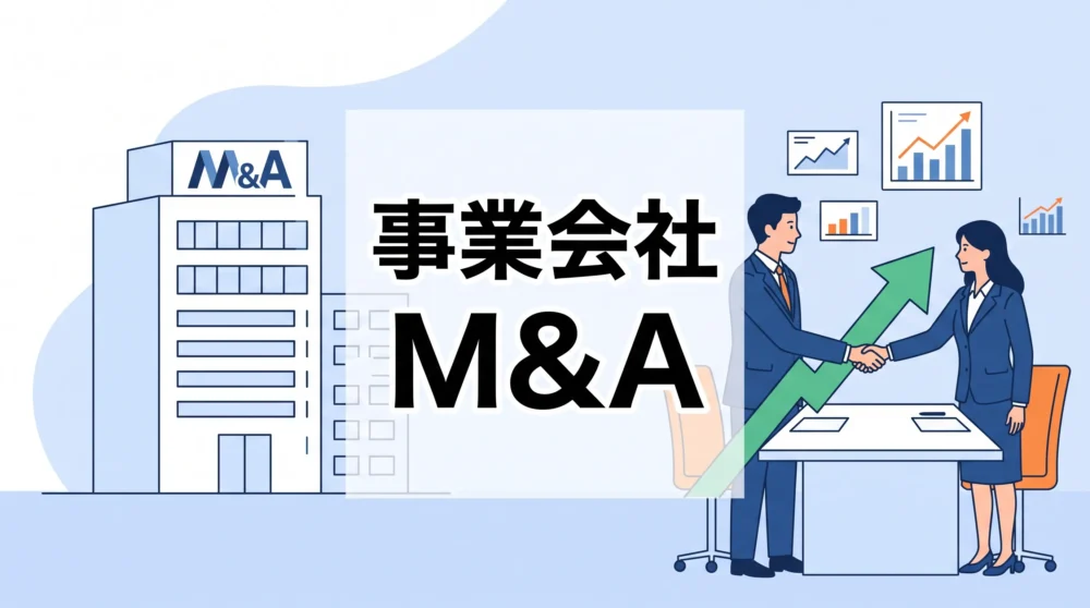 事業会社によるM&Aをイメージした、ビルと握手するビジネスパーソンのイラストサムネイル。
