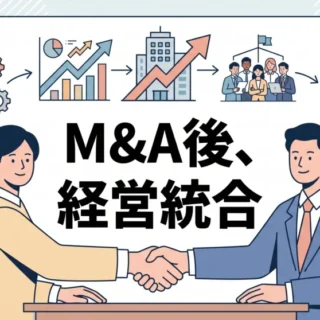 企業の経営統合をテーマにした、握手する経営者と成長を表すグラフのイラスト