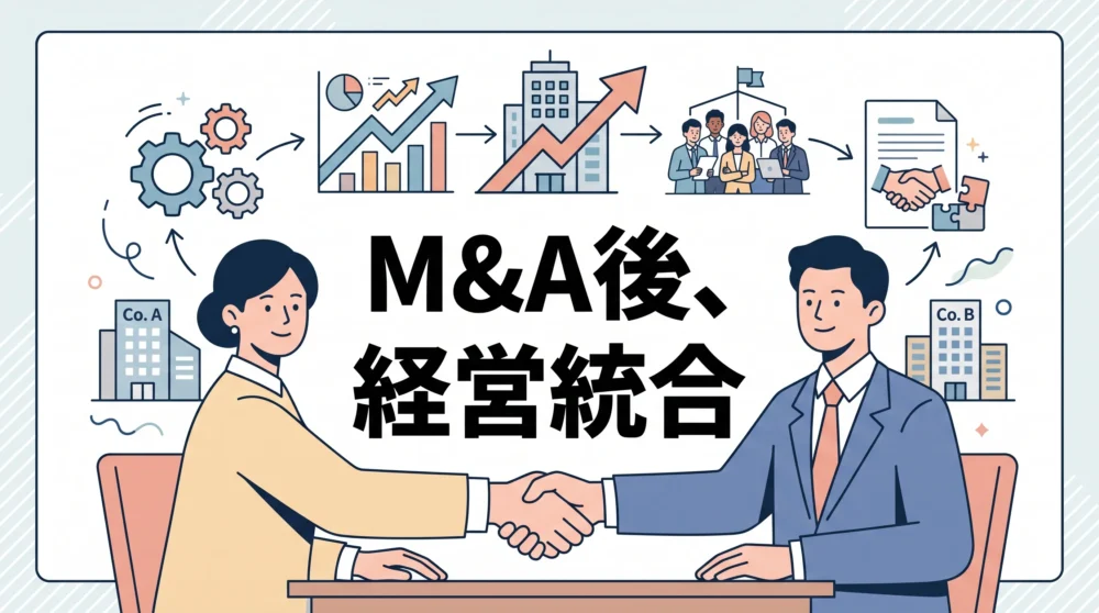 企業の経営統合をテーマにした、握手する経営者と成長を表すグラフのイラスト