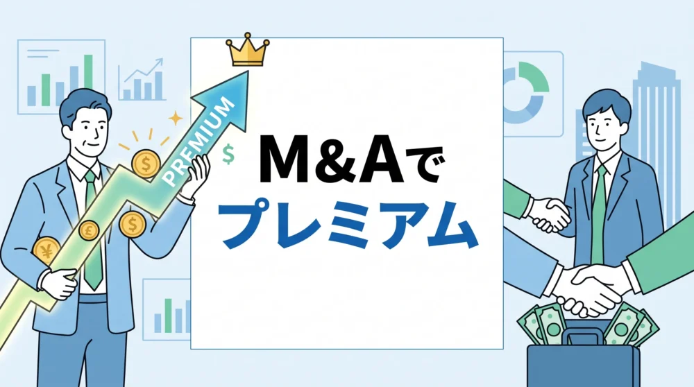 M&Aで高価な価格がつく様子を、王冠のついた右肩上がりの矢印と札束で表現したビジネスイラスト。