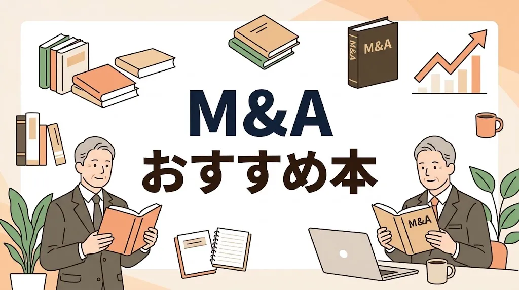 イラストで描かれた「M&Aおすすめ本」の文字と、本を読んで学ぶスーツ姿のビジネスパーソンの画像。