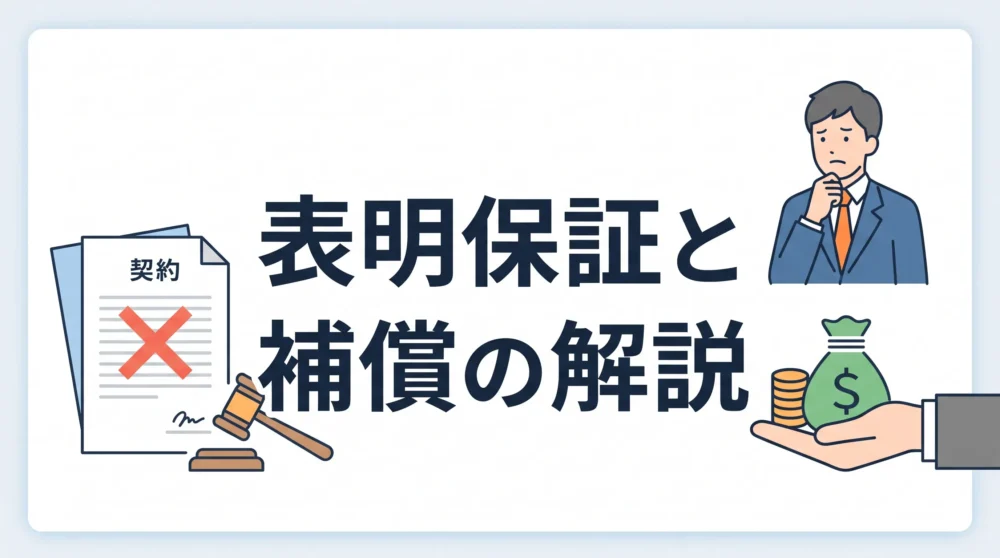 M&Aにおける表明保証違反と補償について、契約書や金銭のイラストを用いて分かりやすく解説した画像。