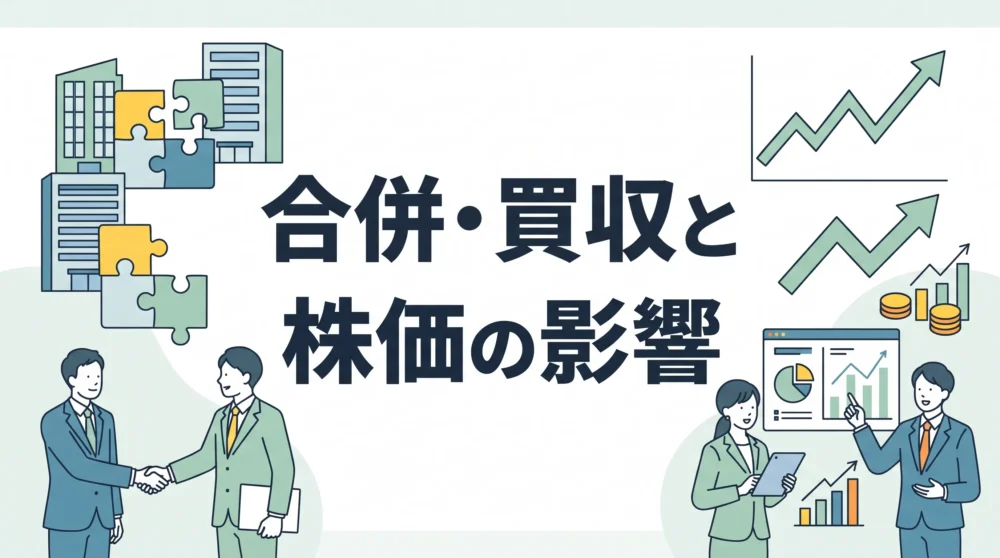 合併や買収が株価に与える影響を解説する、ビジネスパーソンとグラフが描かれたイラスト