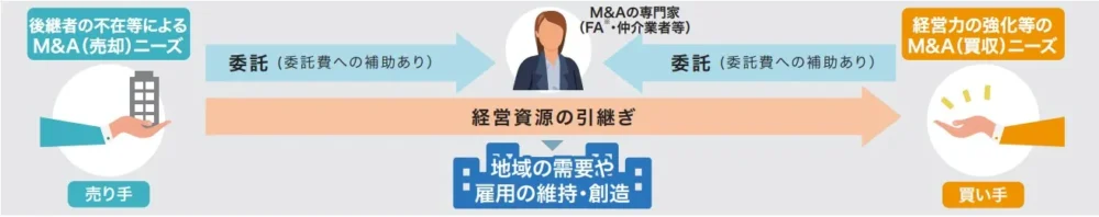 事業承継・M&A補助金の専門家活用枠における、売り手と買い手への支援と経営資源引継ぎの流れ