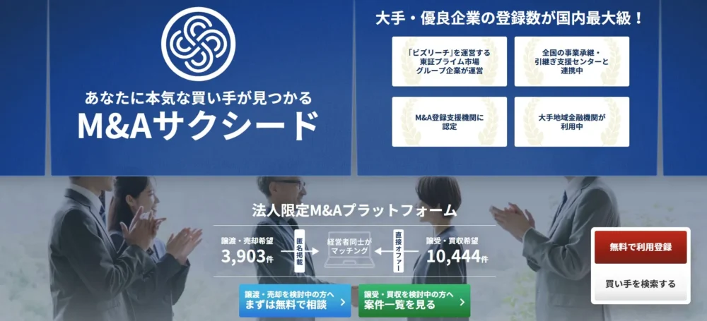 法人限定M&Aプラットフォーム「M&Aサクシード」の特徴(大手・優良企業の登録数が国内最大級、譲渡・売却希望3,903件、譲受・買収希望10,444件)を紹介するイメージ画像