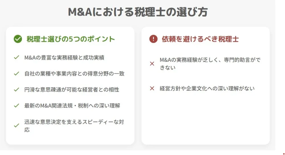 M&Aにおける税理士選びの5つのポイントと依頼を避けるべき税理士の特徴をまとめたインフォグラフィック