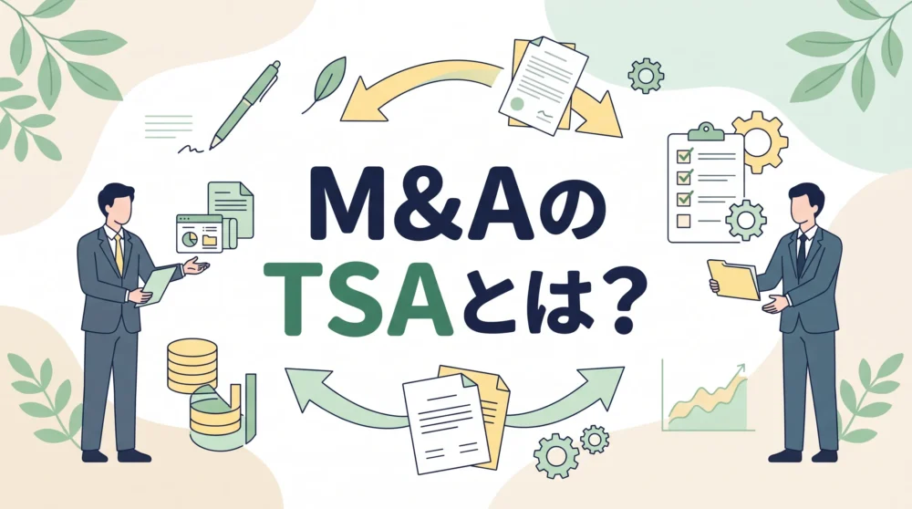 M&AにおけるTSA（移行期間サービス協定）の役割やメリット、実務上の注意点を分かりやすく解説するイラスト画像。