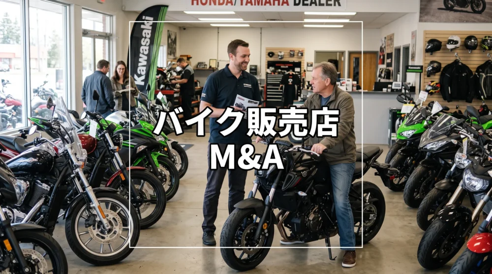 バイク販売店の店舗内で、スタッフがお客様に車両の説明をしている自然な営業風景の様子。