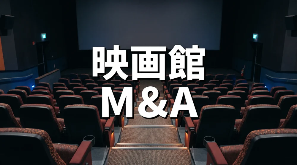 落ち着いた照明の映画館客席とスクリーンを背景にした、映画館業界のM&Aに関するサムネイル画像。