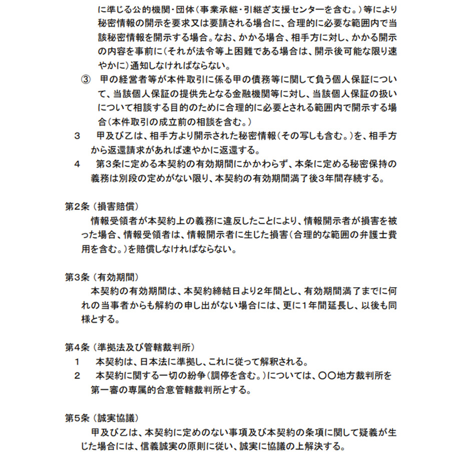 中小M&Aガイドラインのサンプルを参考にした秘密保持契約書(NDA)のひな形イメージ。損害賠償、有効期間、準拠法及び管轄裁判所などの条項例。