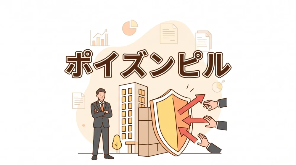 敵対的買収から会社を守る防衛策「ポイズンピル」の仕組みを解説するイラスト画像