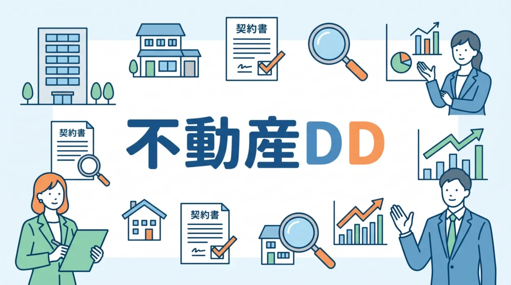 不動産デューデリジェンスのポイントを解説する専門家と調査資料のイラスト