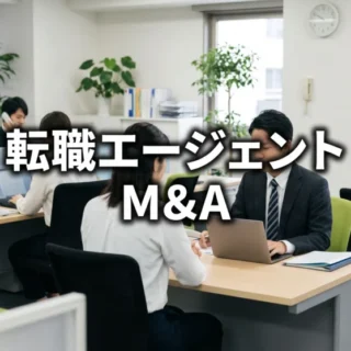 オフィスのデスクで面談を行うキャリアアドバイザーと求職者の様子を描いた、転職エージェント業界のM&A記事用サムネイル。