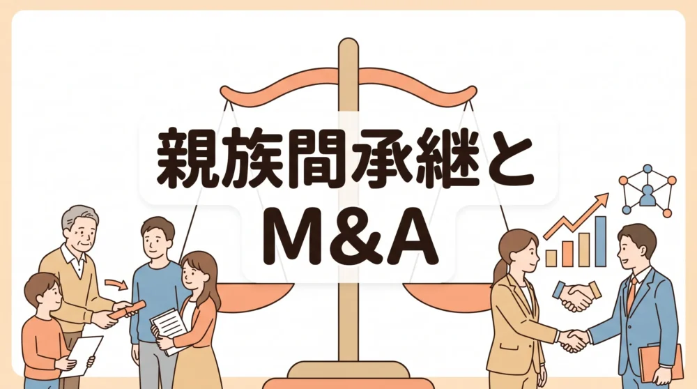 親族内承継とM&Aによる事業承継を天秤で比較し、最適な選択肢を検討する様子を表したイラスト
