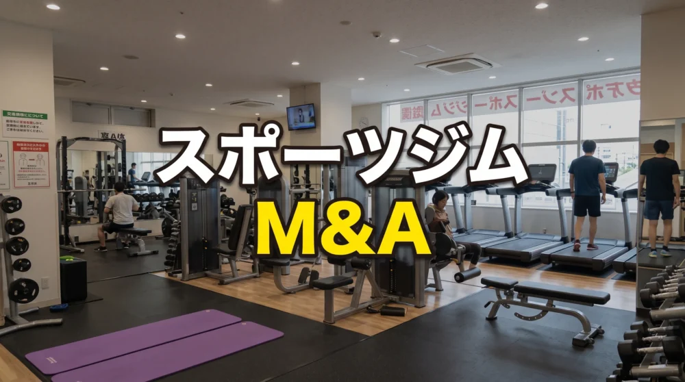 最新のトレーニング機器が並ぶ自然なスポーツジムの風景と、「スポーツジム M&A」の文字を中央に配置した画像。