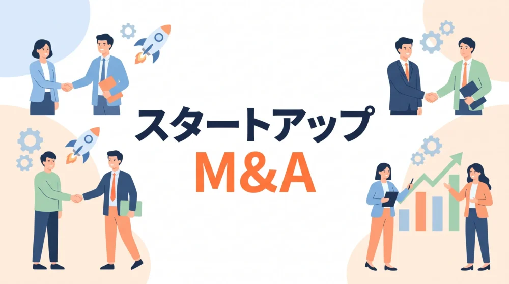 スタートアップ企業のM&Aによる事業成長と売却事例を解説した、経営者向け記事のイラストサムネイル画像。