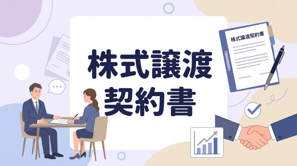 株式譲渡契約書を交わすビジネスパーソンのイラストとタイトル画像