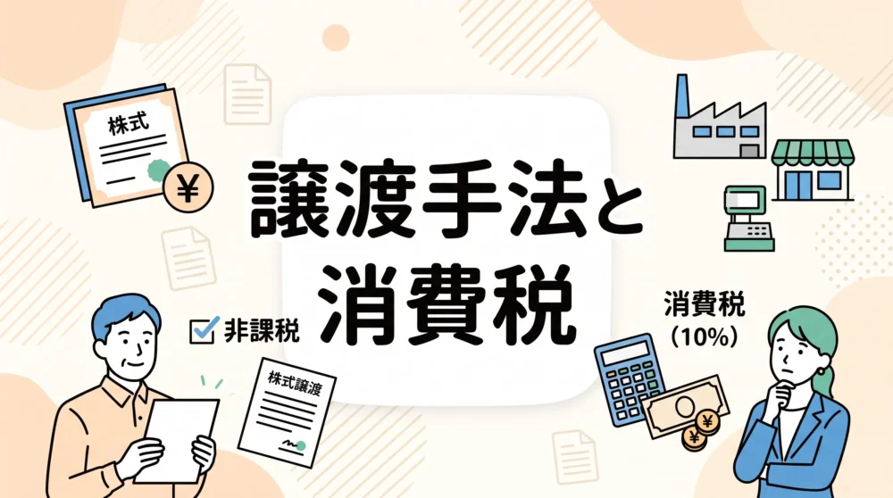 株式譲渡と事業譲渡における消費税の違いや課税・非課税のポイントを分かりやすく解説したサムネイル画像。