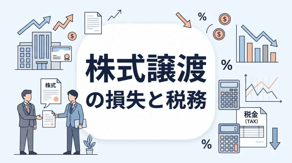 会社売却での株式譲渡損失と税務をテーマに、ビジネスパーソンの交渉と税金やグラフのイラスト。