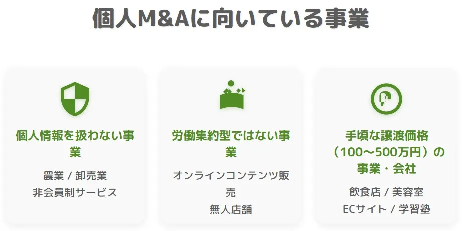 個人M&Aに向いている事業（個人情報を扱わない事業・労働集約型ではない事業・手頃な譲渡価格の事業・会社）