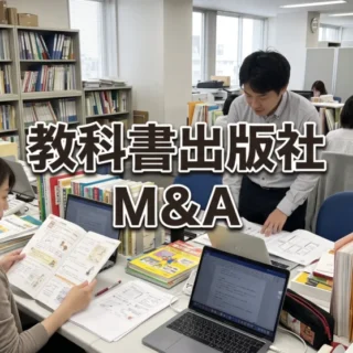 教科書出版社のオフィスのデスクで編集者が教材や資料を確認しているシーンと「教科書出版社 M&A」の文字。