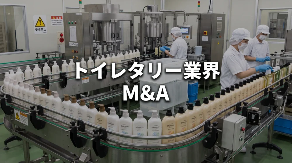 トイレタリー製品の製造・充填ラインの風景と「トイレタリー業界 M&A」の文字を配置したサムネイル画像。