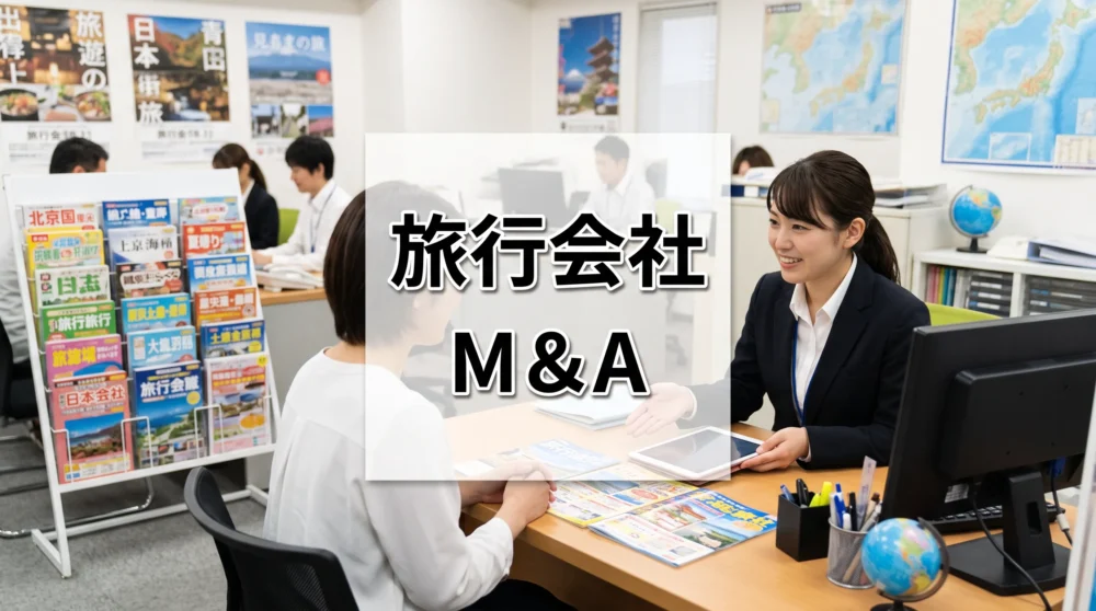 明るい日本の旅行会社内で、スタッフがお客様とパンフレットを前に談笑する様子と「旅行会社 M&A」の文字。