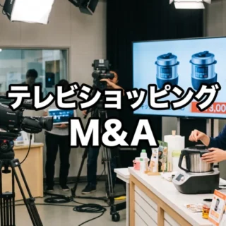テレビショッピングの撮影スタジオで調理家電を紹介する出演者とカメラマンを収めた、M&A関連のサムネイル画像。