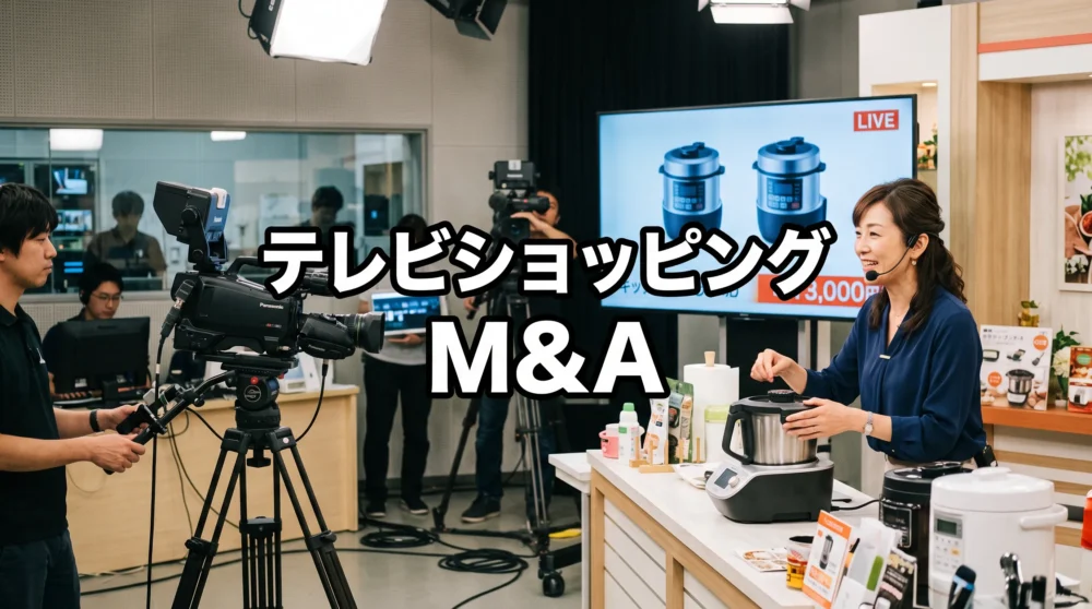 テレビショッピングの撮影スタジオで調理家電を紹介する出演者とカメラマンを収めた、M&A関連のサムネイル画像。