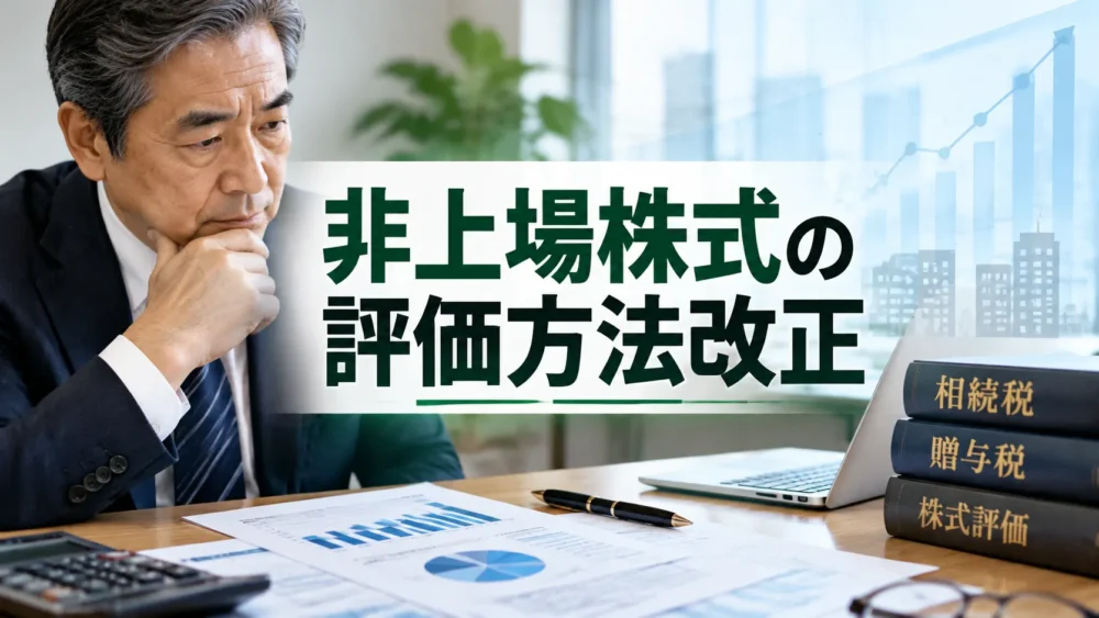非上場株式の評価方法改正を解説する記事用サムネイル。日本人の中小企業経営者が株式評価資料を確認し、相続税・贈与税や自社株評価の見直しを検討している様子を表現した画像。