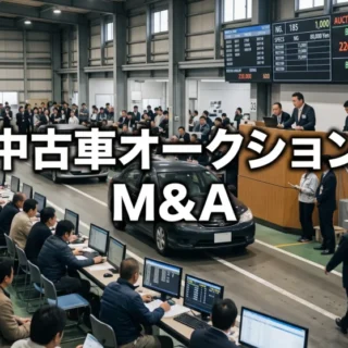 多くの業者が参加する活気ある中古車オークション会場。競りが行われるレーンを車が通過し、モニターを見る参加者の姿がリアルに描かれています。