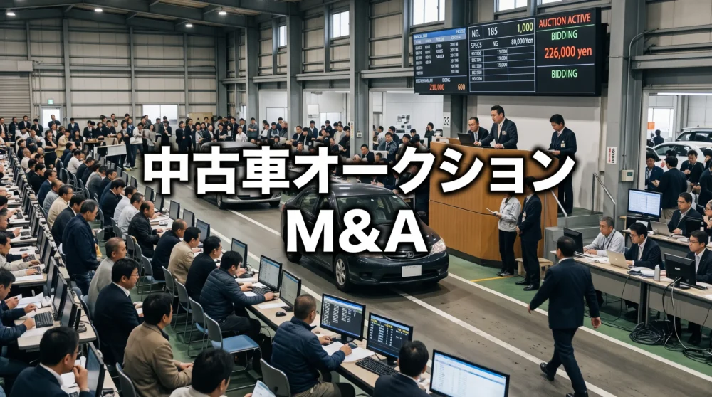 多くの業者が参加する活気ある中古車オークション会場。競りが行われるレーンを車が通過し、モニターを見る参加者の姿がリアルに描かれています。