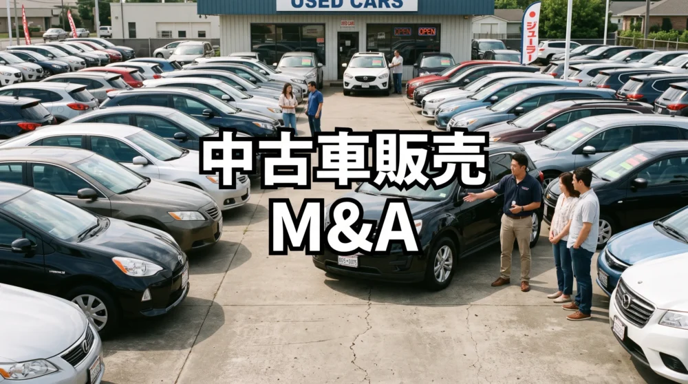 多くの中古車が並ぶ販売店の展示場で、スタッフがお客に説明している様子。中央に「中古車販売 M&A」の文字。