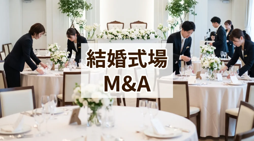 結婚式場の会場内でテーブルセッティングや準備作業を行うスタッフの様子と「結婚式場 M&A」の文字
