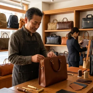 かばん専門店のM&A・会社売却で職人の技術と店舗を引き継ぐ事業承継をイメージした、革製品とオーナーの写真