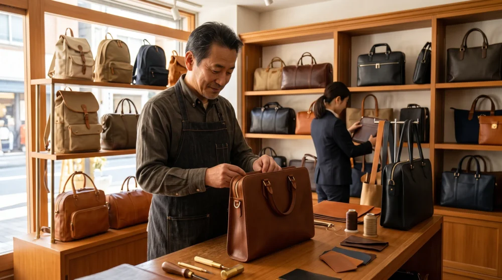 かばん専門店のM&A・会社売却で職人の技術と店舗を引き継ぐ事業承継をイメージした、革製品とオーナーの写真