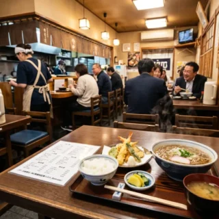 そば・うどん・定食屋のM&Aや会社売却を検討する経営者へ向けた、賑わう店内の様子と料理のイメージ。