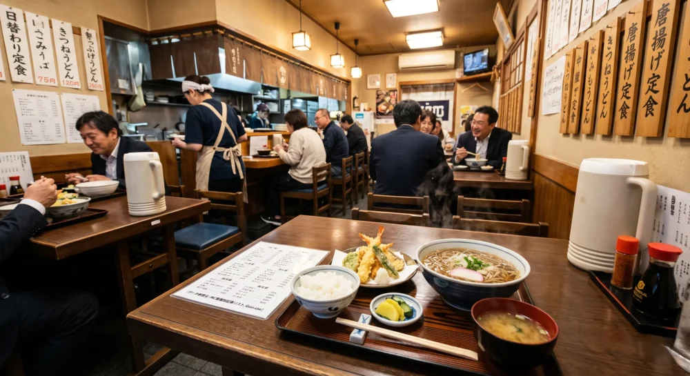 そば・うどん・定食屋のM&Aや会社売却を検討する経営者へ向けた、賑わう店内の様子と料理のイメージ。