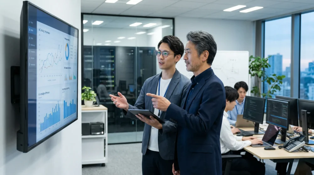 アドテクノロジー企業のM&A・会社売却に向けて、経営者がデータ分析画面を確認する現代的なオフィス風景のイメージ写真