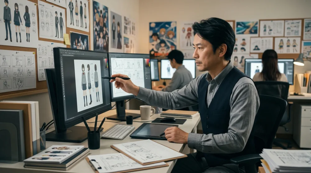 アニメ制作スタジオで作業を見守る日本人経営者。M&Aや会社売却で、クリエイターの未来と制作技術を継承するイメージ。